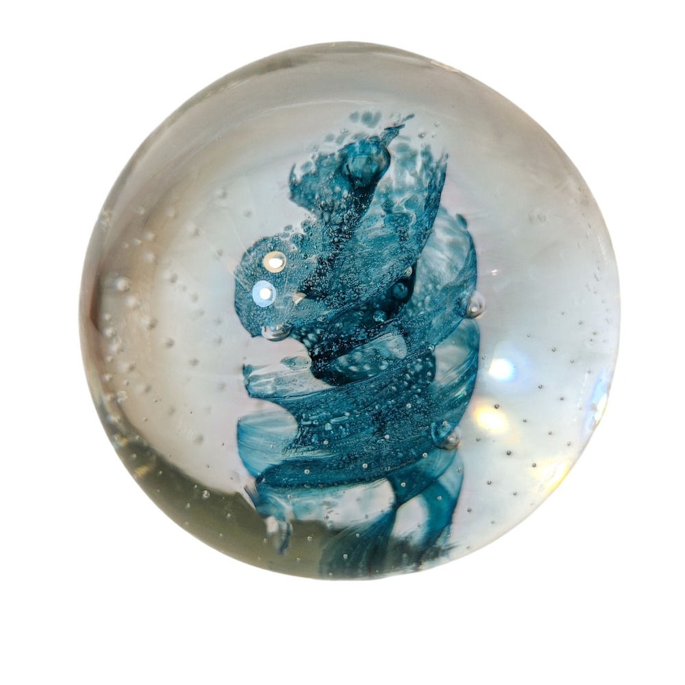 Blue Swirl Controlled Bubble Art Glass Paperweight Round Clear Polished Base
